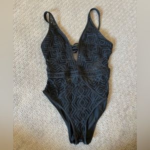 Becca by Rebecca Virtue Black Show & Tell Lace Plunge One Piece Swimsuit